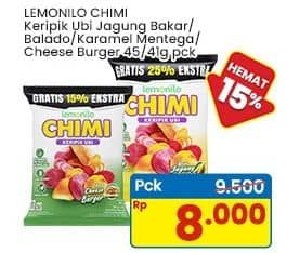 Promo Harga Lemonilo Chimi Keripik Ubi Jagung Bakar, Jagung Balado, Karamel Mentega, Cheese Burger 40 gr - Indomaret
