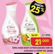 Promo Harga CITRA Hand & Body Lotion Sakura Fair UV Sakura Peach, Nourishing White UV Avocado Honey 230 ml - Superindo