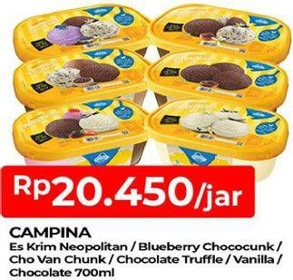 Promo Harga CAMPINA Ice Cream Neapolitan, Blueberry Choco Chunk, Chocolate Chunks, Chocolate Truffle, Vanilla, Chocolate 700 ml - TIP TOP