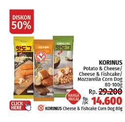 Promo Harga Korinus Corn Dog Potato Cheese, Cheese Fishcake, Mozzarella 80 gr - LotteMart