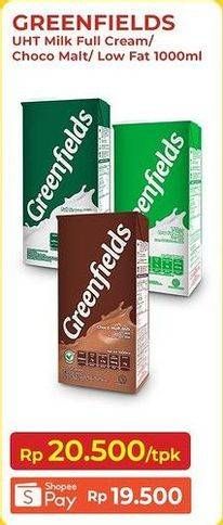 Promo Harga GREENFIELDS UHT Full Cream, Choco Malt, Low Fat 1000 ml - Indomaret
