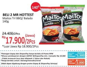 Promo Harga MR HOTTEST Maitos Tortilla Chips Jagung BBQ, Sambal Balado 140 gr - Alfamart