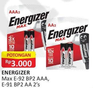 Promo Harga ENERGIZER Battery Alkaline Max AAA E92, AA E91 2 pcs - Alfamart