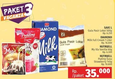 Promo Harga SAVE L Gula Pasir Lokal 500g + DIAMOND Milk Full Cream 1lt + NUTRIJELL My Vla Vanilla 60g + NUTRIJELL Puding Susu Strawberry 145g  - LotteMart