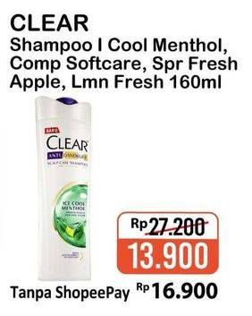 Promo Harga CLEAR Shampoo Ice Cool Menthol, Complete Soft Care, Super Fresh Apple, Lemon Fresh 160 ml - Alfamart