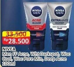 Promo Harga NIVEA MEN Facial Foam Acne Defense, Extra White Dark Spot, Oil Control Men Cooling 100 ml - Alfamart