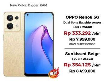 Promo Harga Oppo Reno8 5G Sunkissed Beige 12 GB + 256 GB 1 pcs - Erafone