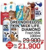 Promo Harga GREENFIELDS/ KIN/ MILK LIFE/ DIAMOND Fresh Milk 1000ml  - LotteMart