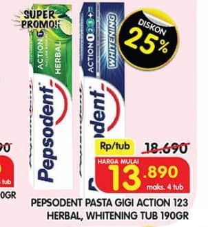 Promo Harga Pepsodent Pasta Gigi Action 123 Herbal, Whitening 190 gr - Superindo