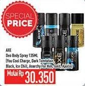 Promo Harga AXE Deo Spray You Cool Charge, Dark Temptation, Ice Chill, Anarchy For Him, Apollo, Black 135 ml - Hypermart