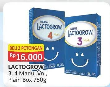 Promo Harga LACTOGROW 3 / 4 Susu Pertumbuhan Madu, Vanilla, Plain per 2 box 750 gr - Alfamart