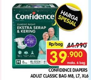 Confidence Adult Classic Night Ekstra Serap & Kering 6 pcs Diskon 11%, Harga Promo Rp39.900, Harga Normal Rp44.990, Maks 6 Bag