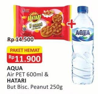 Promo Harga Aqua Air Mineral + Hatari Biscuit Peanut  - Alfamart