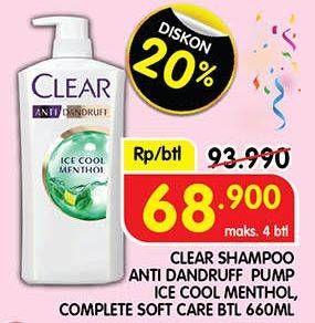 Promo Harga Clear Shampoo Ice Cool Menthol, Complete Soft Care 660 ml - Superindo