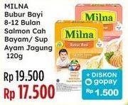 Promo Harga Milna Bubur Bayi 8+ Salmon Cah Bayam, Sup Ayam Jagung 120 gr - Indomaret