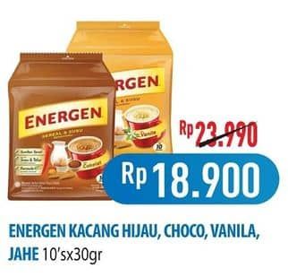 Promo Harga Energen Cereal Instant Kacang Hijau, Chocolate, Vanilla, Jahe per 10 sachet 30 gr - Hypermart