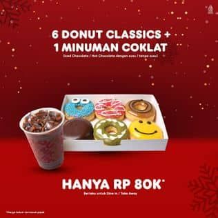 Promo Harga 6 Donut Classics + 1 Minuman Coklat  - Dunkin Donuts