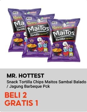 Promo Harga Mr Hottest Maitos Tortilla Chips Jagung BBQ, Sambal Balado 140 gr - Indomaret