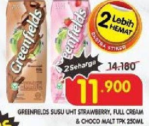 Promo Harga Greenfields UHT Strawberry, Full Cream, Choco Malt 250 ml - Superindo
