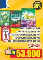 Promo Harga RINSO Detergent Bubuk 770gr + SUNLIGHT Pencuci Piring 755ml +  WIPOL Karbol Wangi 780ml + LIFEBUOY Body Wash 450ml  - Hypermart