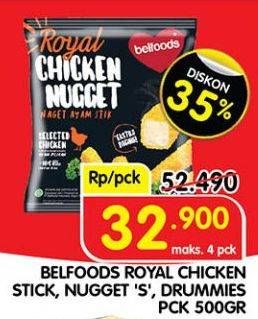 Promo Harga BELFOODS Royal Nugget Chicken Nugget S, Chicken Nugget Stick, Chicken Nugget Drummies 500 gr - Superindo