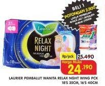 Promo Harga Laurier Pembalut Wanita Relax Night Wing 35cm 18s, 40cm 16s  - Superindo
