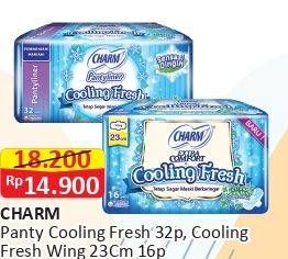 Promo Harga CHARM Pantyliners Cooling Fresh 32p, Cooling Fresh Wing 23cm 16p  - Alfamart