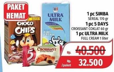 Promo Harga SIMBA Choco Chips 170gr + ULTRA MILK Susu UHT Plain 1Ltr + 5 DAYS Croissant 60gr  - Lotte Grosir