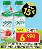 Promo Harga GREENFIELDS Yogurt Drink Mix Fruit, Peach, Strawberry 250 ml - Superindo