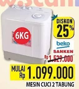 Sanken BEKO/SANKEN Mesin Cuci 2 Tabung  Diskon 28%, Harga Promo Rp1.099.000, Harga Normal Rp1.529.000, Harga Mulai