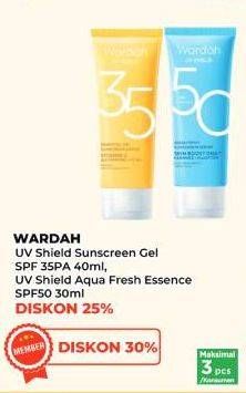 Promo Harga Wardah UV Shield Essential Sunscreen Gel SPF 35 PA+++, Aqua Fresh Essence SPF 50 30 ml - Yogya