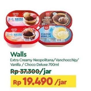 Promo Harga Walls Ice Cream Neopolitana, Chocolate Vanilla With Chocolate Chip, Classic Vanilla, Chocolate Deluxe 700 ml - TIP TOP