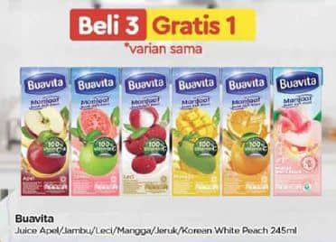 Promo Harga Buavita Fresh Juice Apple, Guava, Lychee, Mango, Orange, Korean White Peach 245 ml - TIP TOP