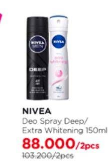 Promo Harga NIVEA Deo Spray Men Deep/ Extra Whitening 150ml 2s  - Watsons