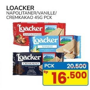 Promo Harga Loacker Wafer Napolitaner, Vanilla, Cream Cacao 45 gr - Indomaret
