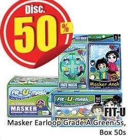 Promo Harga FIT-U Masker Earloop Grade A Green 5s, Box 50s    - Hari Hari