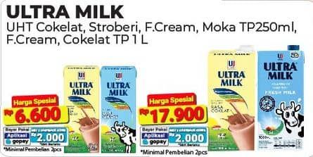 Promo Harga Ultra Milk Susu UHT Coklat, Stroberi, Full Cream, Moka 250 ml - Alfamart