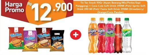 TIC TAC Snack Ayam Bawang/ Mix/ Pedas/ Sapi Panggang 90gr + COCA COLA/ SPRITE/ FANTA Soft Drink 390ml