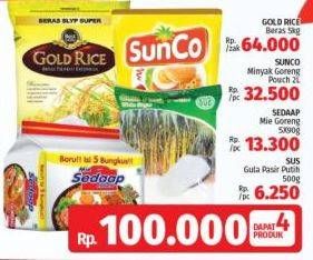 Promo Harga GOLD RICE Beras + SUNCO Minyak Goreng + SEDAAP Mie Goreng + SUS Gula Pasir  - LotteMart