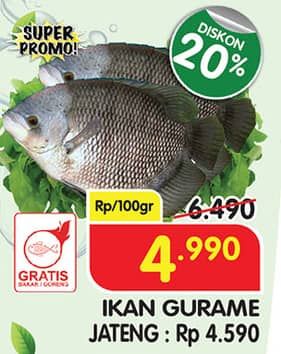Ikan Gurame per 100 gr Diskon 23%, Harga Promo Rp4.990, Harga Normal Rp6.490, Jateng Rp. 4.590