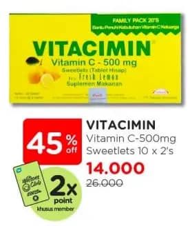 Promo Harga Vitacimin Vitamin C - 500mg Sweetlets (Tablet Hisap) Fresh Lemon per 10 str 2 pcs - Watsons