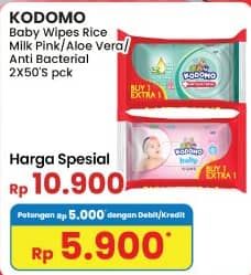 Promo Harga Kodomo Baby Wipes Rice Milk Pink, Anti Bacterial, Classic Blue 50 pcs - Indomaret