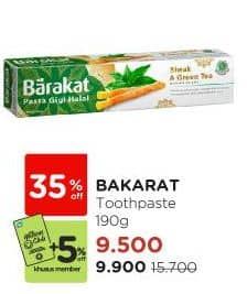 Barakat Pasta Gigi Halal 190 gr Diskon 36%, Harga Promo Rp9.900, Harga Normal Rp15.700, Khusus Member Rp. 9.500, Khusus Member
