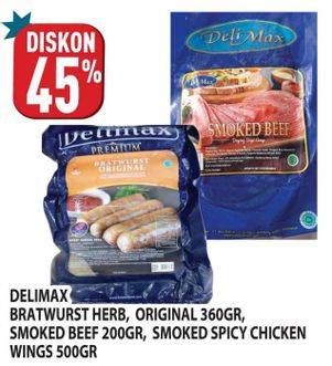 Promo Harga Delimax Bratwurst/Smoked Beef/Smoked Spicy Chicken Wings  - Hypermart