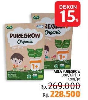 Promo Harga ARLA Puregrow Organic 1+ Boys, Girls 720 gr - LotteMart