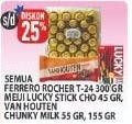 Promo Harga FERRERO ROCHER T24 300gr / MEIJI LUCKY Stick Chocolate 45gr / VAN HOUTEN Chunky 55gr / 155gr  - Hypermart