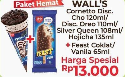 Promo Harga WALLS Cornetto Choco 120ml/Disc. Oreo 110ml/Silver Queen 108ml/Hojicha 135ml + WALLS Feast Coklat/Vanila 65ml  - Alfamart