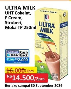 Promo Harga Ultra Milk Susu UHT Coklat, Full Cream, Stroberi, Moka 250 ml - Alfamart