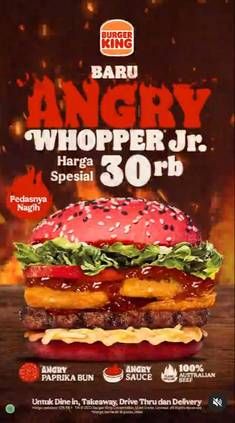 Promo Burger King SPECIAL ABIZZ!
MELEPAS RASA AMARAH SAMA ANGRY WHOPPER JR SEKARANG CUMA 30 RIBU.

Tunggu apa lagi sih bestie? Apalagi buat RaQyatKuu yang belom cobain melepas rasa marah bareng si pedas merah merona yang dijamin NAAAAGIH BANGET. Berlapis Angry Bun dengan ekstrak Paprika, Angry Sauce yang melimpah, dan pastinya dengan patty 100% daging sapi asli Australia yang dipanggang 

Coba mana suara RaQyatKu yang udah ready buat serbu outlet BK terdekat?!!

Syarat dan ketentuan :
- Berlaku Dine-in, Takeaway dan Drive thru
- Harga berbeda di pulau jawa
- Tidak berlaku di BK Ultimate T3