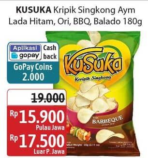 Kusuka Keripik Singkong 180 gr Diskon 16%, Harga Promo Rp15.900, Harga Normal Rp19.000, Luar Pulau Jawa Rp17.500

Pembayaran Aplikasi GoPay :⁣⁣⁣⁣⁣⁣
- Khusus Pembayaran Di Tempat Hanya Menggunakan Aplikasi GoPay Baru, Minimal Transaksi Rp15.000
- Berlaku 1 Barang/Transaksi/Struk
- Per Akun Maksimal 2x Transaksi/Pelanggan/Periode JSM, Cashback Rp2.000 dengan GOPAY min transaksi Rp15.000